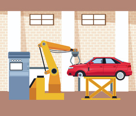 Wall Mural - car workshop scenery with lifted car and arm industrial machine