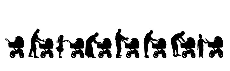 Sticker - Vector silhouette of collection of people with baby carriage on white background. Symbol of family.