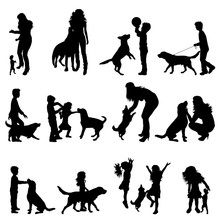 Vector Silhouette Of Collection Of People Plays With Dog On White Background. Symbol Of Pets And Friendship.