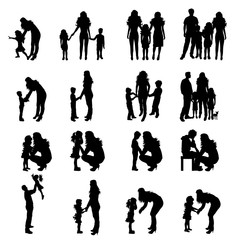 Wall Mural - Vector silhouette of collection of family in different pose on white background. Symbol maternity and upbringing.