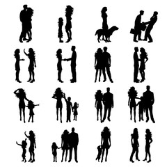 Wall Mural - Vector silhouette of collection of people in different pose on white background. Symbol group and couple.