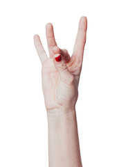 Hand spelling number 8 in American Sign Language on white background