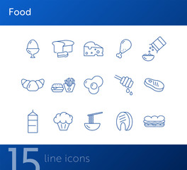 Poster - Food line icons. Set of line icons. Cheese, croissant, boiled egg. Food concept. Vector illustration can be used for topics like meals, eating, nourishment