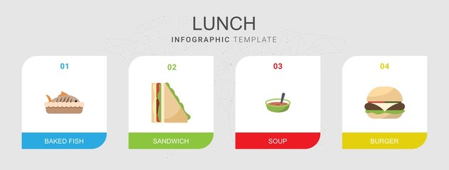 4 lunch flat icons set isolated on infographic template. Icons set with baked fish, sandwich, Soup, burger icons.