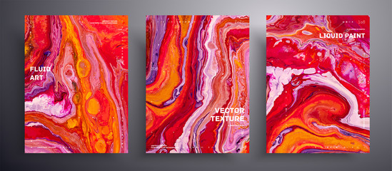 Abstract vector placard, texture set of fluid art covers. Trendy background that can be used for design cover, invitation, flyer and etc. Red, orange, pink and white unusual creative surface template