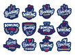 Set of Bowling stickers, patches. Colorful badges, emblems, stamps for club, super league on white background