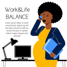 A Flat Vector Image Of A Pregnant Woman Working In The Office. Life And Work Balance. A Woman Making Career. 
