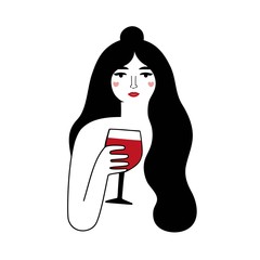 Wall Mural - Vector illustration with long hair and red lips woman holding glass of red wine.