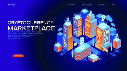Poster - blockchain technology. cryptocurrency marketplace of bitcoin mining farm in smart city. digital clou