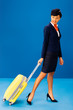 © LIGHTFIELD STUDIOS - smiling african american flight attendant holding travel bag on blue background