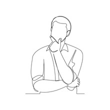 Continuous Line Drawing Of Thinking Man. One Line Art Of Businessman Thinking Idea. Vector Illustration