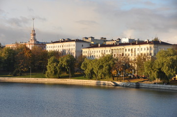 Wall Mural - view from the bridge to the embankment of the river Svisloch