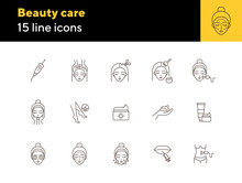 Beauty Care Line Icon Set. Woman, Cream, Hairdressing. Beautician Concept. Can Be Used For Topics Like Beauty Salon, Self Care, Rejuvenation