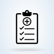 © studiographicmh - Medical report icon in line style. Checklist, clipboard with plus sign. Clinical examination results, check-up symbols.