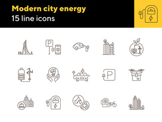 Wall Mural - Modern city energy icons. Set of line icons. Quadcopter with box, car charging station, windmill. Alternative energy concept. Vector illustration can be used for topics like environment, ecology
