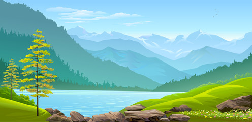 blue lake with meadows and mountains