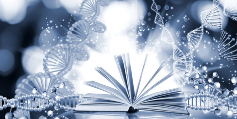 Wall Mural - image of open book on  DNA genetic chain background