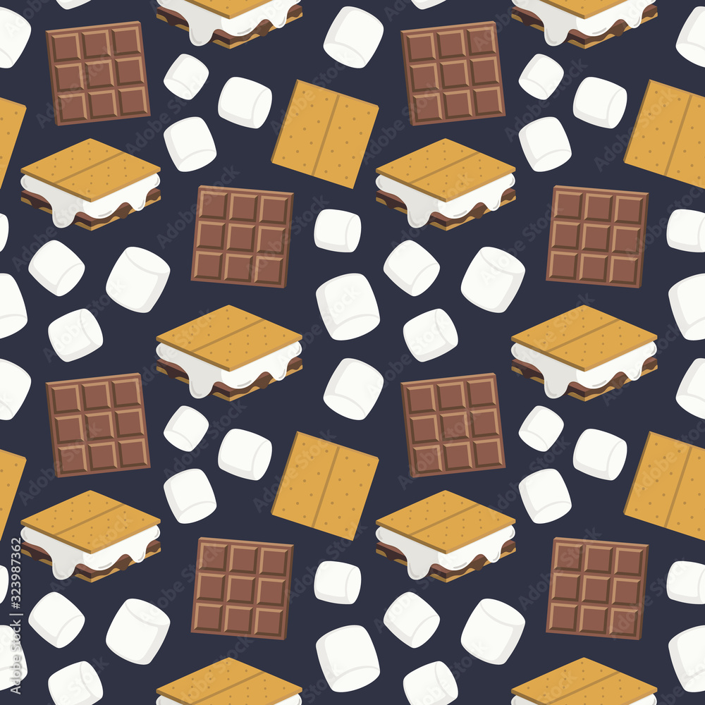 Vetor do Stock Seamless vector pattern with s'mores, chocolate bars, graham  crackers, and marshmallows scattered on a navy blue background. Fun food  illustration for gift wrap, fabric, packaging, accessories. | Adobe Stock, image size:1000x1000