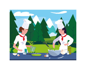 Canvas Print - beautiful women cooking, chef in white uniform