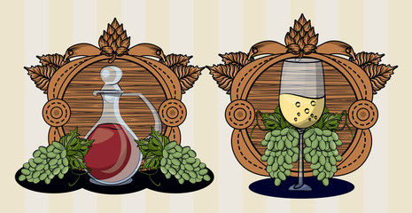 Poster - wine barrel drink with cup and grapes