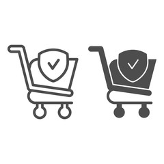 Poster - Checked shopping cart line and glyph icon. Market cart with check mark on emblem. Commerce vector design concept, outline style pictogram on white background, use for web and app. Eps 10.