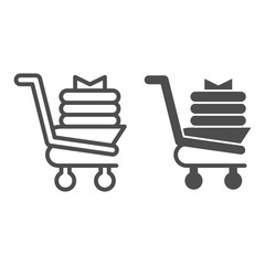 Poster - Shopping trolley with new clothes line and glyph icon. Market basket with fabric products. Commerce vector design concept, outline style pictogram on white background, use for web and app. Eps 10.