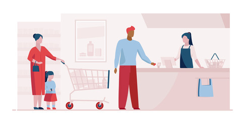 Queue at checkout in supermarket. Customers, cashier, check register flat vector illustration. Shopping, grocery store, payment concept for banner, website design or landing web page