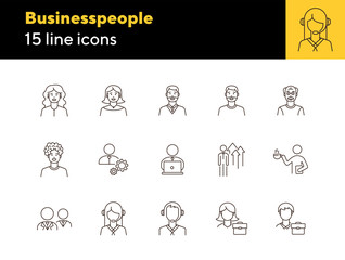 Wall Mural - Businesspeople icons. Set of line icons on white background. Coffee break, manager, employee. Office workers concept. Vector illustration can be used for topics like business, career, employment