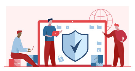 Antivirus and data safety. Developers with laptops standing near monitor with shield flat vector illustration. Software, access, safeguard concept for banner, website design or landing web page