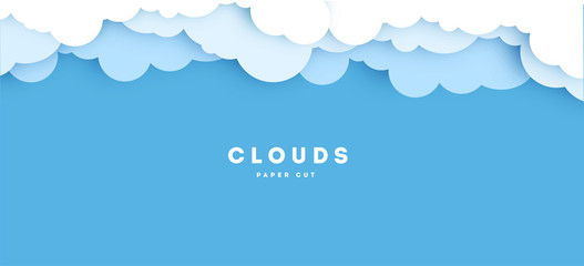 Wall Mural - Cloudy paper cut art, vector illustration. Volumetric cloudscape horizontal background. Banner with 3d clouds on blue sky