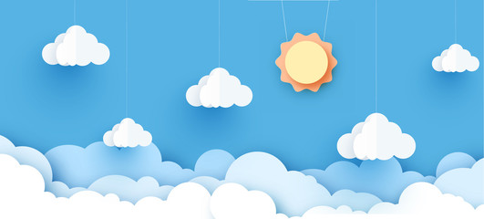 Poster - Vector sun with clouds background.paper cut style. Cloudy paper cut art, vector illustration. Volumetric cloudscape horizontal background. Banner with 3d clouds on blue sky