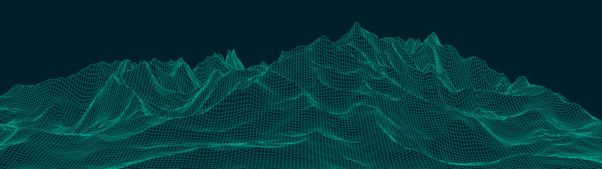 Vector wireframe 3d landscape. Technology grid illustration. Network of connected dots and lines. Futuristic background.