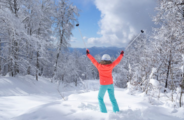 Young female skier in bright jacket stands and looks at the scenic mountain landscape. The concept of sport and recreation. space for text, back view