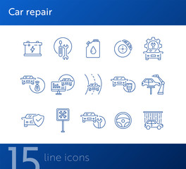 Poster - Car repair line icons. Set of line icons. Accumulator, tools, car shower. Car repair concept. Vector illustration can be used for topics like car service, business, advertising