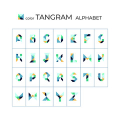 Vector tangram alphabet. 26 color isolated letters on a white background. Tangram children brain game cutting transformation puzzle vector set.