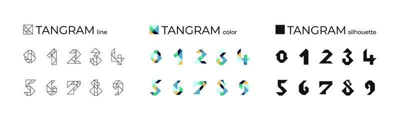 Vector set of tangram numbers consisting of line, color and silhouette illustrations. Isolated icons on a white background. Tangram children brain game cutting transformation puzzle vector set.