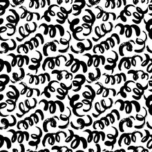 Swirls And Curls Vector Seamless Pattern. Grunge Black Paint Brush Strokes. Curly Hair Imitation Doodle Ornament.