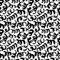 Swirls and curls vector seamless pattern. Grunge black paint brush strokes. Curly hair imitation doodle ornament.