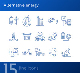 Wall Mural - Alternative energy icons. Set of line icons. Sun with charge, water tube, car park. Alternative energy concept. Vector illustration can be used for topics like environment, ecology, technology