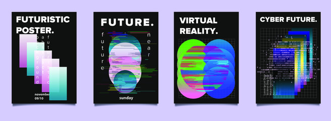 Aufkleber - Set of cyberpunk/ vaporwave/ synthwave style futuristic posters with gradient shapes and glitch artifacts. Collection of covers for hackathon, informational security event.