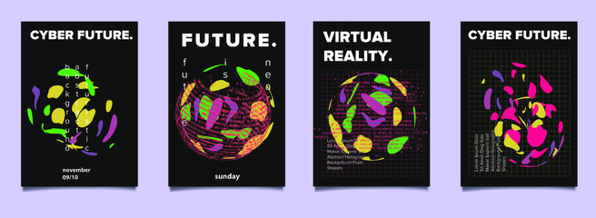 Aufkleber - Set of cyberpunk/ vaporwave/ synthwave style futuristic posters with binary code and 3d figures. Collection of covers for hackathon, informational security or infosec event.