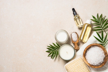 Wall Mural - spa skincare product at stone table.