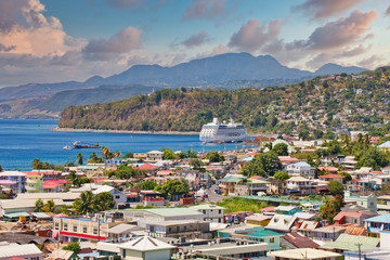 Poster - A huge white luxury cruise ship anchored in the bay on a tropical island