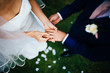 © Mint Images - High angle view of husband and wife exchange vows and rings during their wedding ceremony.,Koh Samui