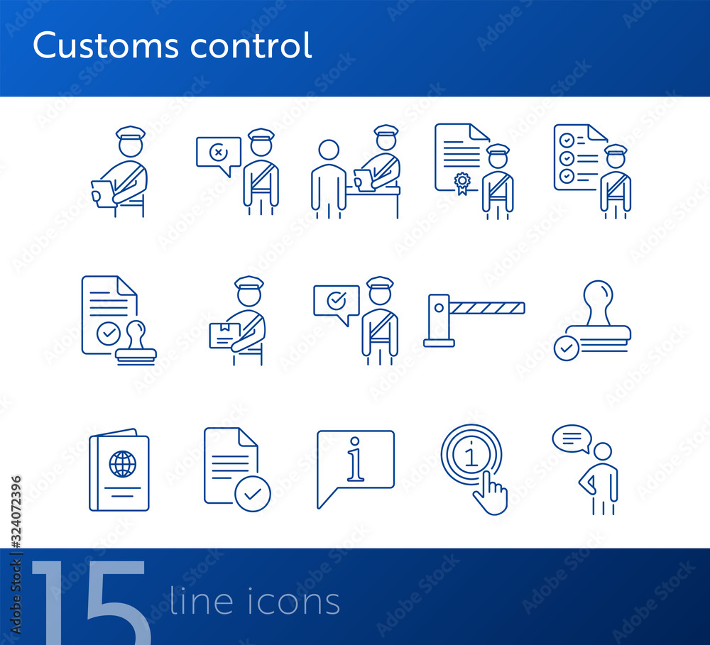 Customs control icons. Set of line icons. Faqs, passport, customs check ...