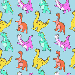 Cute seamless pattern with funny colourful dinosaurs in cartoon. Perfect for cards, invitations, party, banners, kindergarten, baby shower.