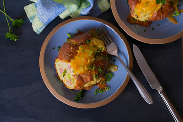 Canvas Print - Twice Baked Potatoes with Bacon, Cheese and  Scallion. View from above, top view