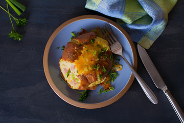 Canvas Print - Twice Baked Potatoes with Bacon, Cheese and  Scallion. View from above, top view