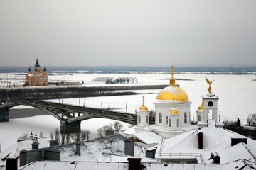 View of the stadium and the beautiful Orthodox Church. Nizhny Novgorod. Russia