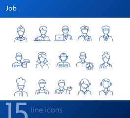 Wall Mural - Job icons. Set of line icons on white background. Call center operator, manager, policeman. Profession concept. Vector illustration can be used for topics like career, service, occupation